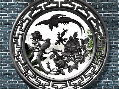 Traditional Chinese Carved Lattice Window With Intricate Floral Bird Pattern And Brick Wall 3d model