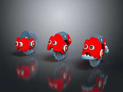 Three Playful Red And Blue Cartoon Robot 3D Models With Big Eyes 3d model