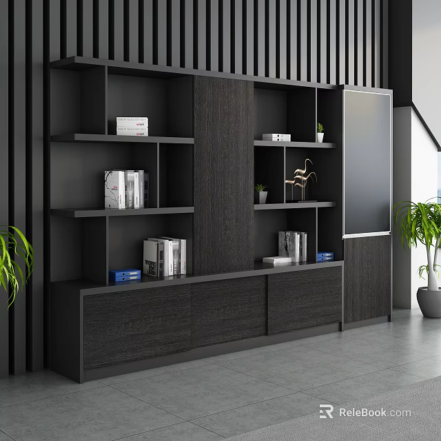 Modern File Cabinet with Multiple Shelves Drawers Black Wooden Texture and Nearby Plants TV 3d model 