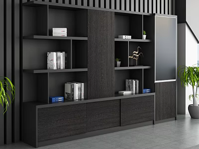 Modern File Cabinet with Multiple Shelves Drawers Black Wooden Texture and Nearby Plants TV 3d model