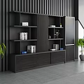 Modern File Cabinet with Multiple Shelves Drawers Black Wooden Texture and Nearby Plants TV