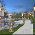 Nighttime Garden Landscape With Residential Buildings Waterscape Walking Path And Lighting