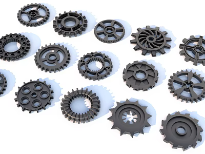 Various Mechanical Gears of Different Sizes and Designs on White Background 3d model