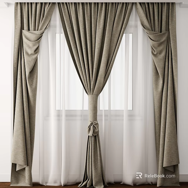 Elegant Gray Curtains With White Sheer Layers And Tieback For Window Decoration 3d model 