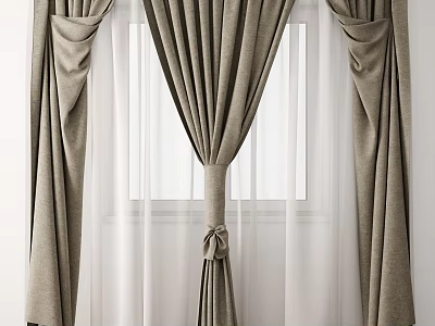 Elegant Gray Curtains With White Sheer Layers And Tieback For Window Decoration 3d model