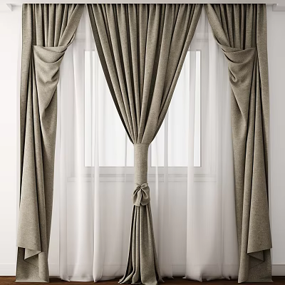 Elegant Gray Curtains With White Sheer Layers And Tieback For Window Decoration 3d model