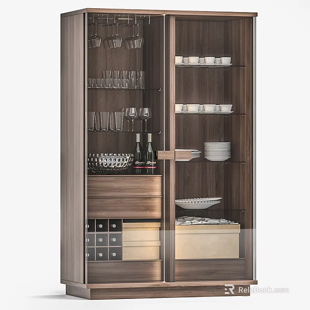 Modern Wooden Wine Cabinet With Glass Door And Interior Storage For Wine Bottles And Tableware 3d model 