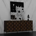 Modern Entryway Console Table With Geometric Wooden Pattern And Decorative Sculptures 3d model