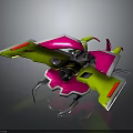 Futuristic Cosmic Spaceship With Green Pink Wings Thruster And Sharp Structures