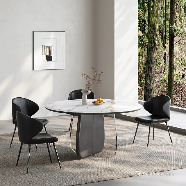 Dining Table Set with Round Marble Top Black Chairs Vase Fruits and Trees Outside Window 3d model 