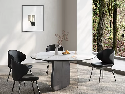 Dining Table Set with Round Marble Top Black Chairs Vase Fruits and Trees Outside Window 3d model