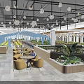 Modern Restaurant Interior With Hanging Pendant Lights Green Plants Yellow Chairs And Marble Flooring