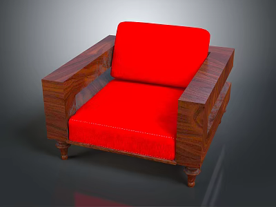 Classic Single Sofa Upholstered With Red Cushion And Wooden Armrests Legs 3d model