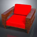 Classic Single Sofa Upholstered With Red Cushion And Wooden Armrests Legs