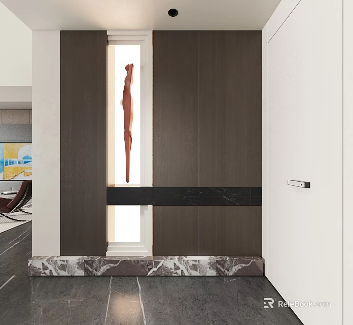 Modern Entryway Hallway Interior Design With Dark Wood Cabinets Marble Accents And Sculpture 3d model 