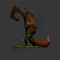 Fantasy Fox With Red Scarf Holding Wooden Staff Standing In Green Grass And Small Flowers