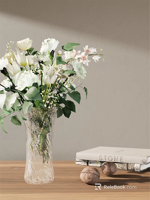 Transparent Glass Vase With White Flowers Green Leaves Against Light Gray Wall And White Book 3d model 