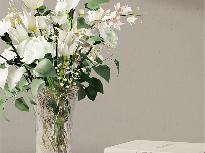 Transparent Glass Vase With White Flowers Green Leaves Against Light Gray Wall And White Book 3d model