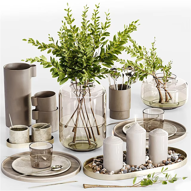 Modern Tableware Set With Green Plants Clear Glass Vases Gray Cups Trays And White Candles 3d model 