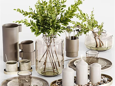 Modern Tableware Set With Green Plants Clear Glass Vases Gray Cups Trays And White Candles 3d model