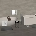 Modern White Bathtub in Bathroom with Towel Bath Mat Side Table and Faucet