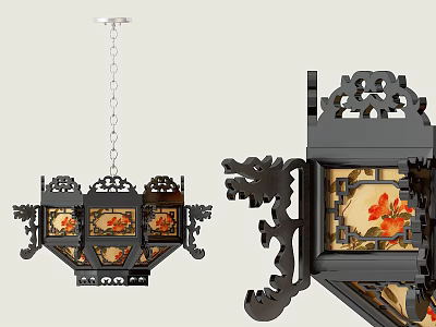 Traditional Chinese Style Chandelier With Carved Wooden Frame And Floral Patterns 3d model