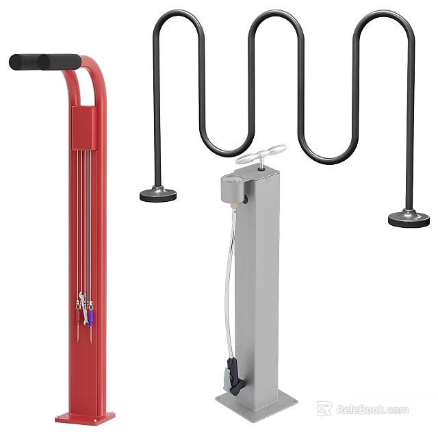 Ground Equipped with Red Pillars Black U Shaped Handrails and Silver Support Posts for Safety 3d model
