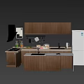 Modern Kitchen Interior With Wooden Cabinets Refrigerator Sink And Hanging Cookware