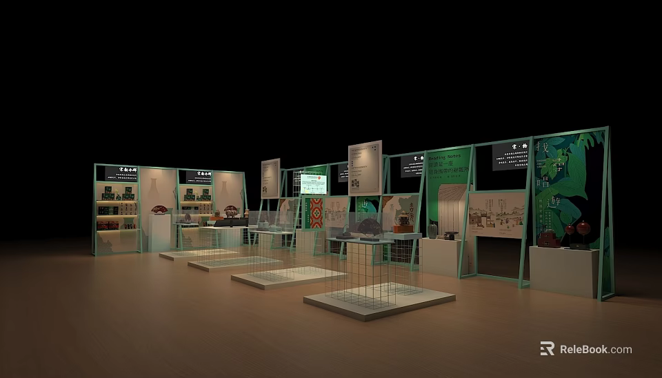Display Cabinets and Shelves In Modern Exhibition Hall With Glass Metal Frames And Product Showcases 3d model 