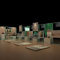 Display Cabinets and Shelves In Modern Exhibition Hall With Glass Metal Frames And Product Showcases