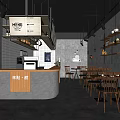 Modern Industrial Cafe Interior With Wooden Counter Menu Sign Concrete Walls And Dining Tables