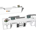 Modern White Reception Desk With Computers Flower Arrangements And Company Logo