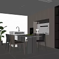 Modern Restaurant Kitchen Open Design With Island Counter Dining Chairs Cabinets And Potted Plants