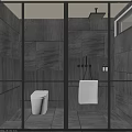 Modern Bathroom Interior Design With Gray Tile Walls Glass Partition White Toilet And Hanging Towel