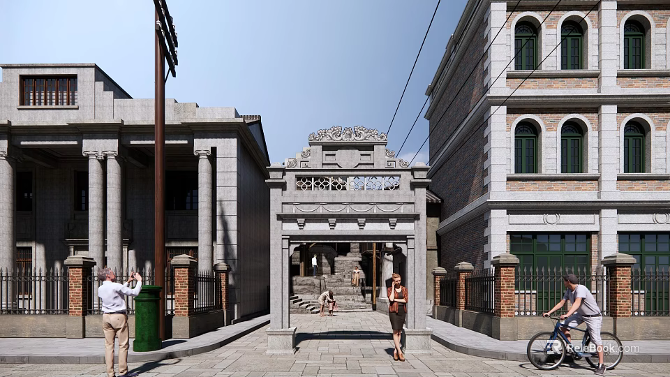 Traditional Pai Fang Archway In Historic Street With Classical Buildings And Pedestrians 3d model 