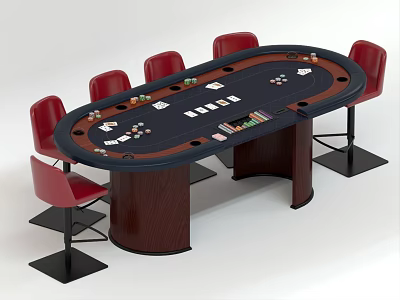 Modern Poker Entertainment Table With Red Chairs Playing Cards And Chips On Tabletop 3d model