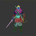 Man With White Hair And Beard In Medieval Armored Outfit Holding Sword Curved Blade And Quiver
