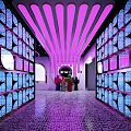 Store Front Desk With Purple Striped Ceiling Illuminated Display Walls And Patterned Tile Floor 3d model