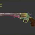 Intricate Sculptural Carving of Vintage Revolver with Ornate Metal Engravings and Wooden Grip