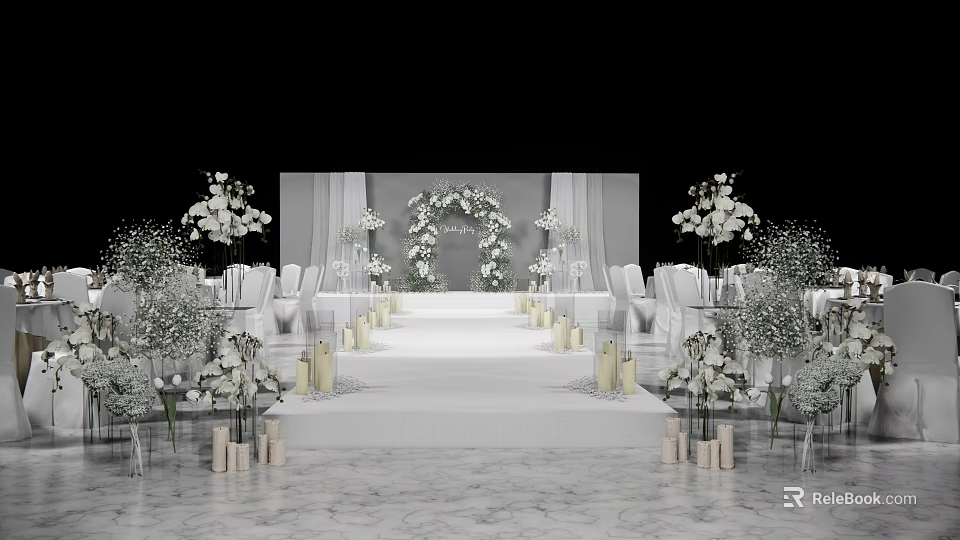Elegant Banquet Hall With White Floral Decor Wedding Arch Aisle Candles And Chairs 3d model 