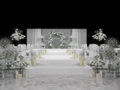 Elegant Banquet Hall With White Floral Decor Wedding Arch Aisle Candles And Chairs 3d model