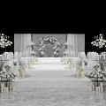 Elegant Banquet Hall With White Floral Decor Wedding Arch Aisle Candles And Chairs