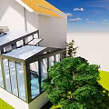 Villa Balcony With Glass Structure Green Lawn Trees And Blue Sky