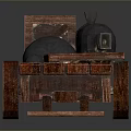 Ancient Wooden Cart Structure With Black Round Containers And Wooden Wheels