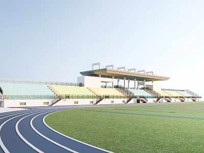 Modern Sports Stadium With Blue Running Track Green Field And Grandstand Seats 3d model