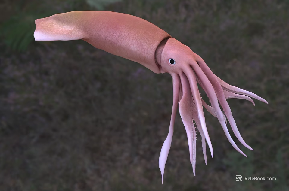 Pink Squid With Long Tentacles And Streamlined Body In Aquatic Habitat 3d model 
