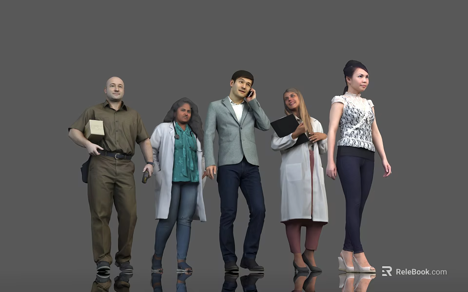 Five People Standing Together With Uniform Blazer Lab Coat Talking On Phone And Folders 3d model 