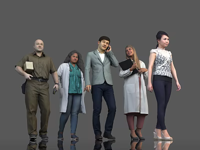 Five People Standing Together With Uniform Blazer Lab Coat Talking On Phone And Folders 3d model