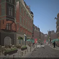 European Style Commercial Street With Red Brick Buildings Cafes Green Umbrellas And Outdoor Seating