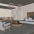 Modern Natural Dining and Living Room Interior With Sofa Fireplace and Stone Wall
